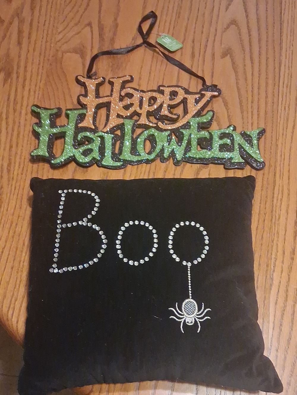 Halloween 'Boo' Decorative Pillow with Rhinestone Spider - Black